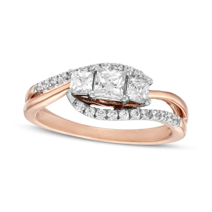 Rings Goldia 075 CT TW PrincessCut and Round Natural Diamond Three Stone Bypass Ring in Solid 10K Rose Gold