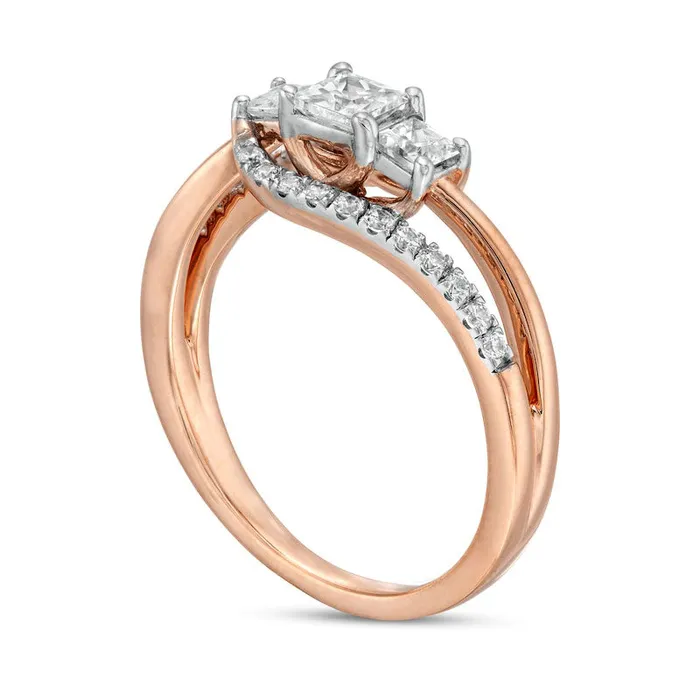Rings Goldia 075 CT TW PrincessCut and Round Natural Diamond Three Stone Bypass Ring in Solid 10K Rose Gold