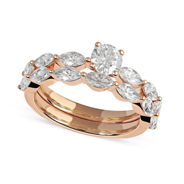 Rings Goldia 188 CT TW Round and Marquise Natural Diamond Bridal Engagement Ring Set in Solid 14K Rose Gold