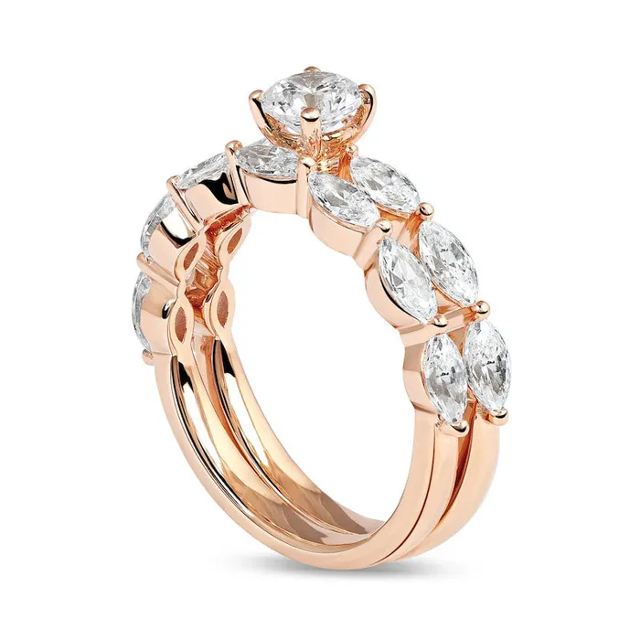 Rings Goldia 188 CT TW Round and Marquise Natural Diamond Bridal Engagement Ring Set in Solid 14K Rose Gold