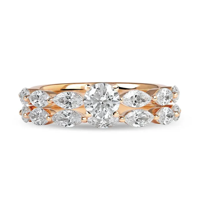 Rings Goldia 188 CT TW Round and Marquise Natural Diamond Bridal Engagement Ring Set in Solid 14K Rose Gold