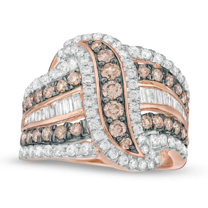 Rings Goldia 20 CT TW Champagne and White Natural Diamond MultiRow Crossover Ring in Solid 10K Rose Gold