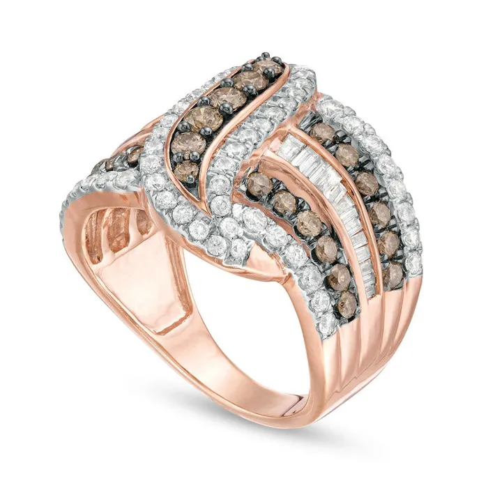 Rings Goldia 20 CT TW Champagne and White Natural Diamond MultiRow Crossover Ring in Solid 10K Rose Gold