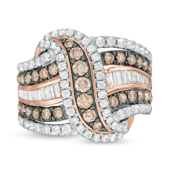 Rings Goldia 20 CT TW Champagne and White Natural Diamond MultiRow Crossover Ring in Solid 10K Rose Gold