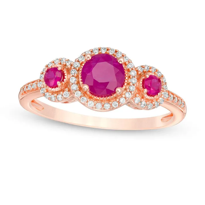 Rings Goldia 50mm Ruby and 017 CT TW Natural Diamond Frame Three Stone Ring in Solid 10K Rose Gold