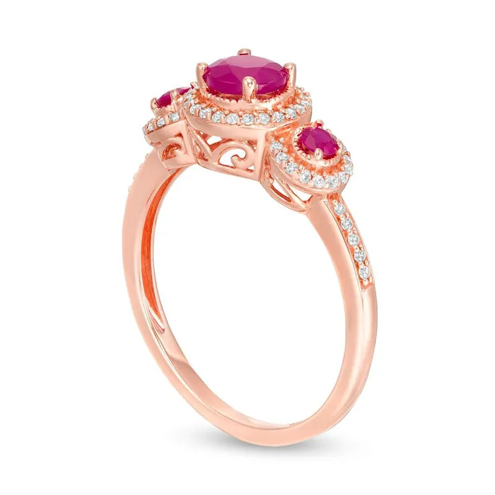 Rings Goldia 50mm Ruby and 017 CT TW Natural Diamond Frame Three Stone Ring in Solid 10K Rose Gold
