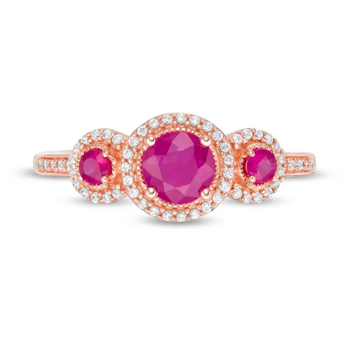 Rings Goldia 50mm Ruby and 017 CT TW Natural Diamond Frame Three Stone Ring in Solid 10K Rose Gold
