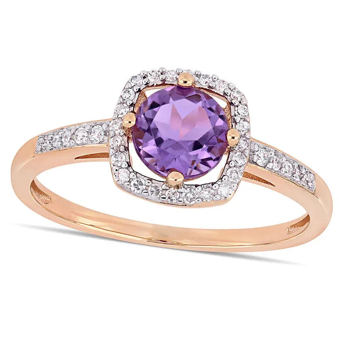 Rings Goldia 60mm Amethyst and 013 CT TW Natural Diamond Cushion Frame Ring in Solid 10K Rose Gold
