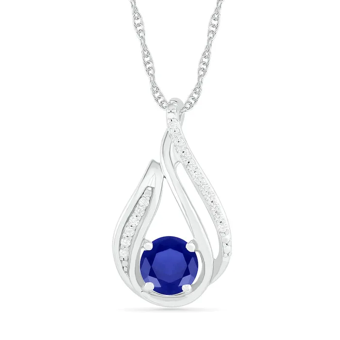 Rings Goldia 60mm Blue LabCreated Sapphire and 007 CT TW Diamond Beaded Open Flame Pendant in Sterling Silver