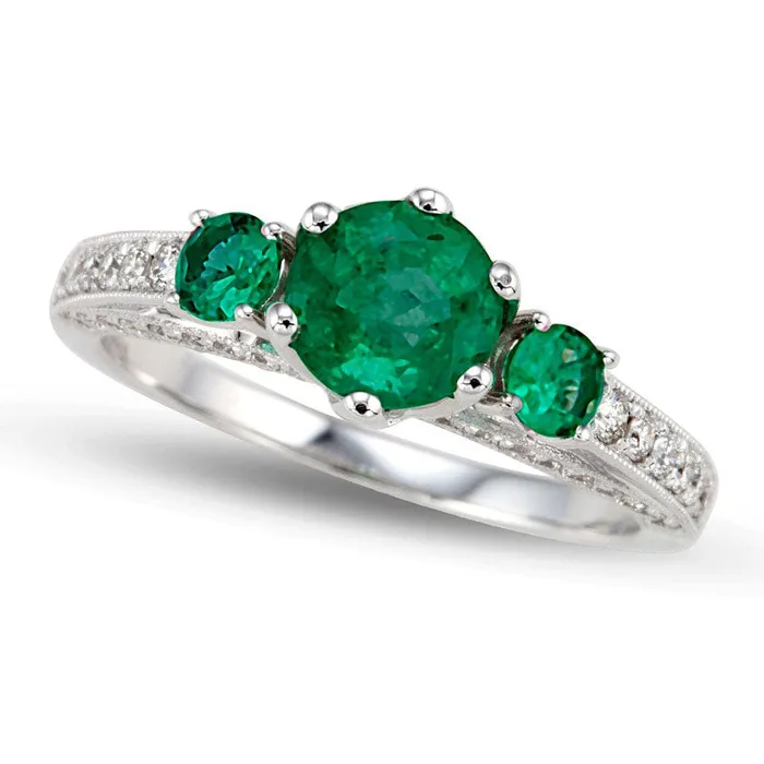 Rings Goldia 60mm Emerald and 038 CT TW Natural Diamond Engagement Three Stone Ring in Solid 14K White Gold
