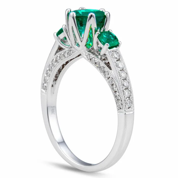 Rings Goldia 60mm Emerald and 038 CT TW Natural Diamond Engagement Three Stone Ring in Solid 14K White Gold