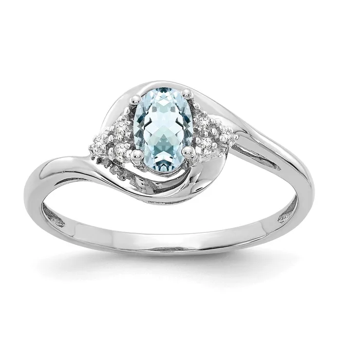 Rings Goldiacom 14K White Gold Aquamarine and Real Diamond Ring