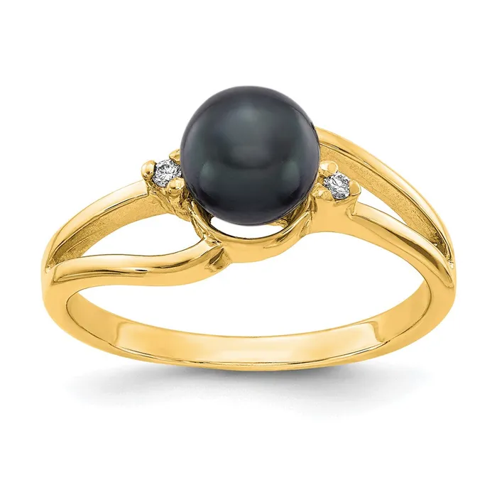 Rings Goldiacom 14K Yellow Gold 6mm Black FW Cultured Pearl AA Real Diamond ring