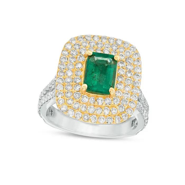 Rings Goldia EmeraldCut Emerald and 175 CT TW Natural Diamond Triple Frame Split Shank Ring in Solid 14K TwoTone Gold