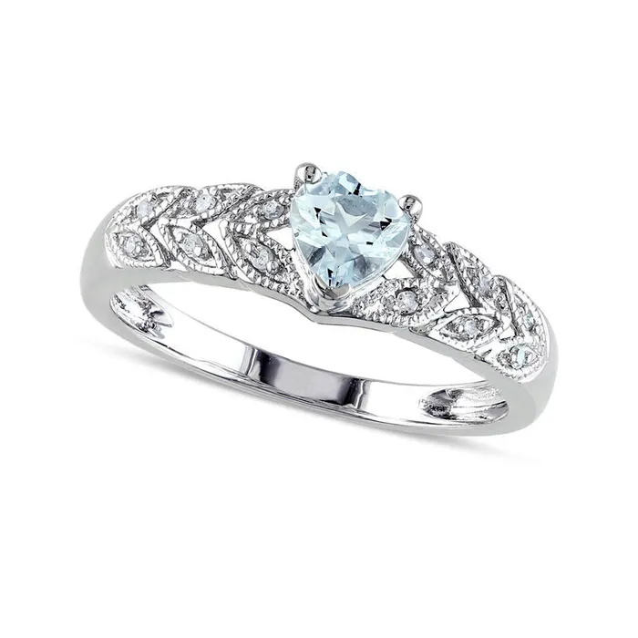 Rings Goldia HeartShaped Aquamarine and 005 CT TW Natural Diamond LeafShank Promise Ring in Sterling Silver