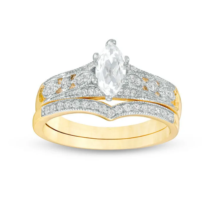 Rings Goldia Marquise LabCreated White Sapphire and 013 CT TW Diamond Antique VintageStyle Bridal Engagement Ring Set in Solid 10K Yellow Gold