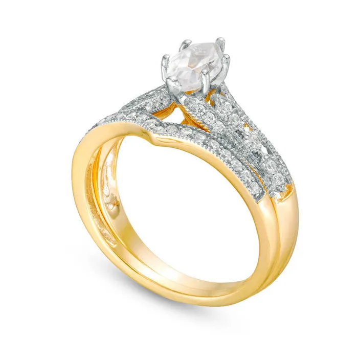 Rings Goldia Marquise LabCreated White Sapphire and 013 CT TW Diamond Antique VintageStyle Bridal Engagement Ring Set in Solid 10K Yellow Gold