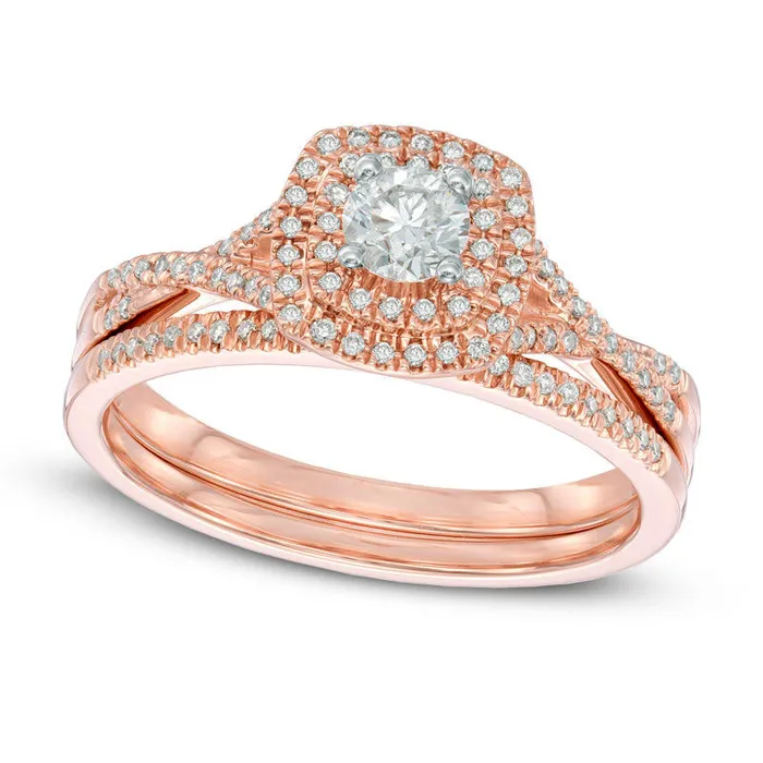 Rings Goldia Previously Owned 050 CT TW Natural Diamond Double Square Frame Twist Bridal Engagement Ring Set in Solid 14K Rose Gold