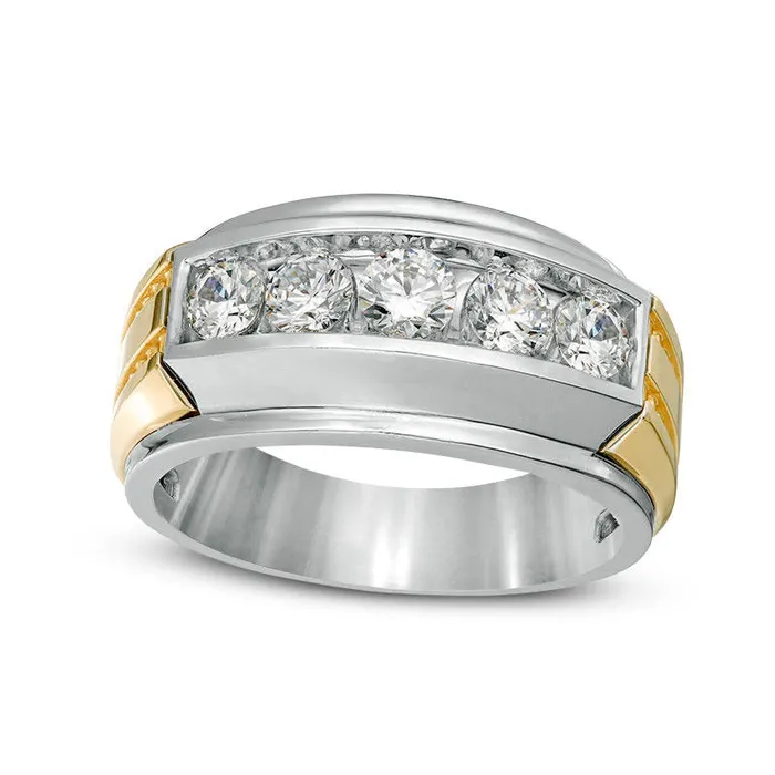 Rings Mens 10 CT TW Natural Diamond Five Stone Ridged Wedding Band in Solid 14K TwoTone Gold Goldia