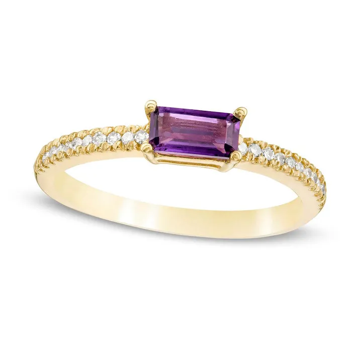 Rings Sideways Baguette Amethyst and 010 CT TW Natural Diamond Stackable Ring in Solid 10K Yellow Gold Goldia