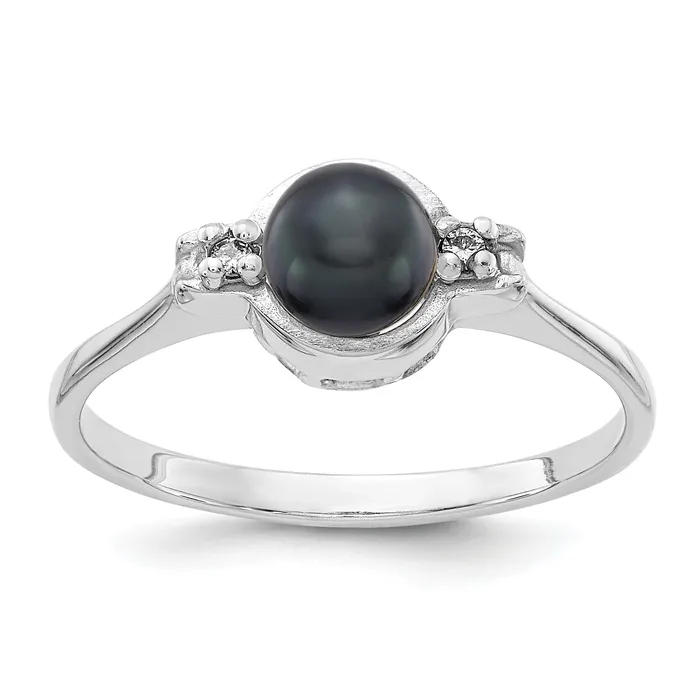 Rings Solid 14k White Gold 5mm BlacK FW Cultured Pearl VS Simulated CZ Ring Goldia
