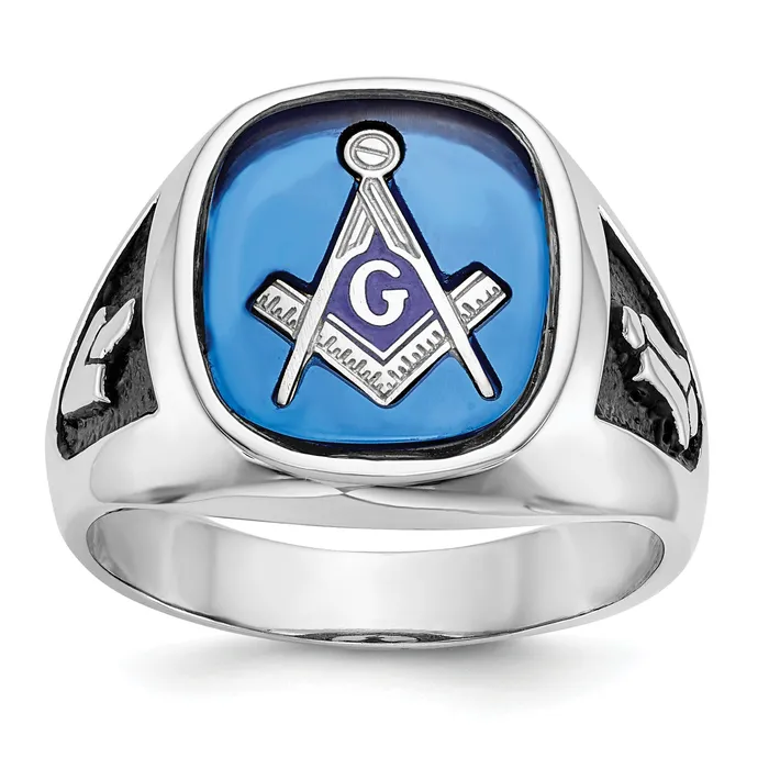 Rings Solid 14k White Gold Enameled Synthetic Stone Mens Masonic Ring Goldia