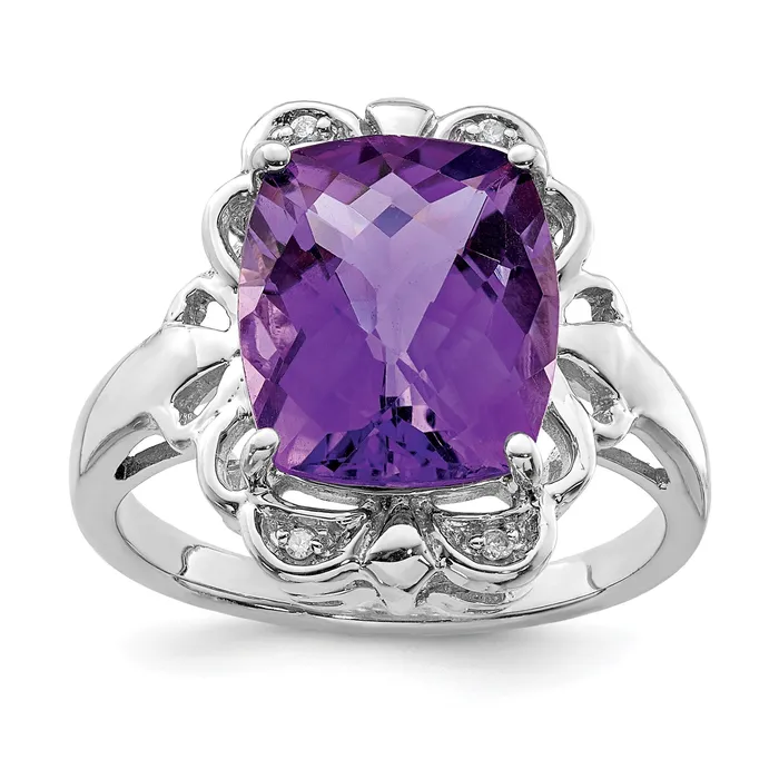 Rings Sterling Silver 14K White Gold Plated CheckerCut Amethyst u0026 Diamond Gemstone Birthstone Ring Fine Jewelry Gift for Her Goldia