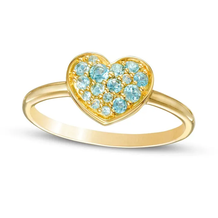 Rings Swiss Blue Topaz Cluster Heart Ring in Solid 10K Yellow Gold Goldia