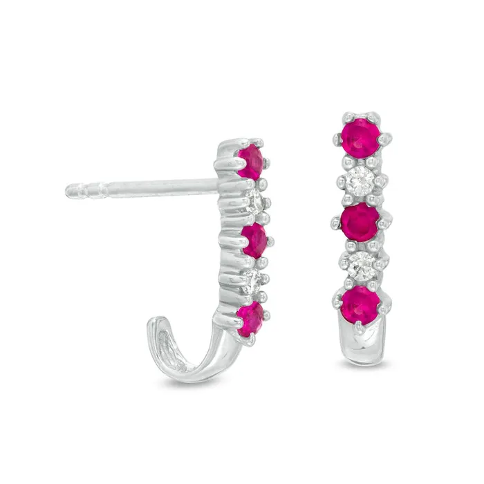 Ruby and 005 CT TW Diamond Three Stone Alternating JHoop Earrings in 14K White Gold Goldia Earrings