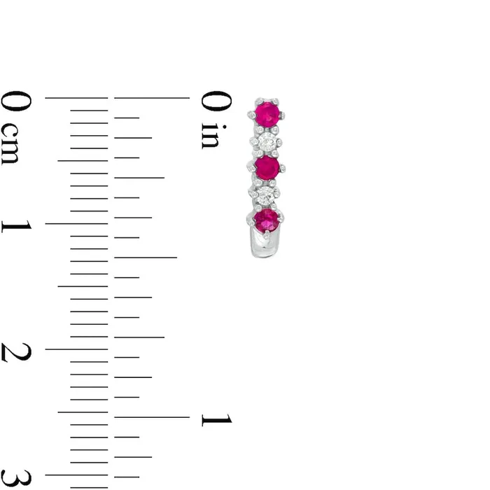 Ruby and 005 CT TW Diamond Three Stone Alternating JHoop Earrings in 14K White Gold Goldia Earrings