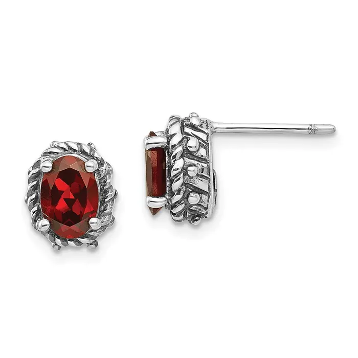 Shey Couture Sterling Silver Antiqued Oval Garnet Post Earrings Goldia Earrings