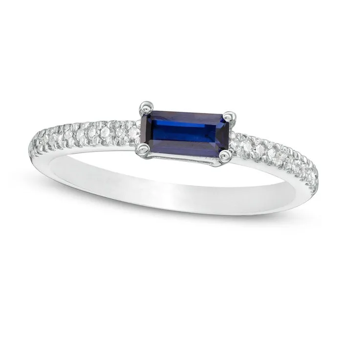 Sideways Baguette LabCreated Blue Sapphire and 010 CT TW Diamond Stackable Ring in Solid 10K White Gold Goldia Rings