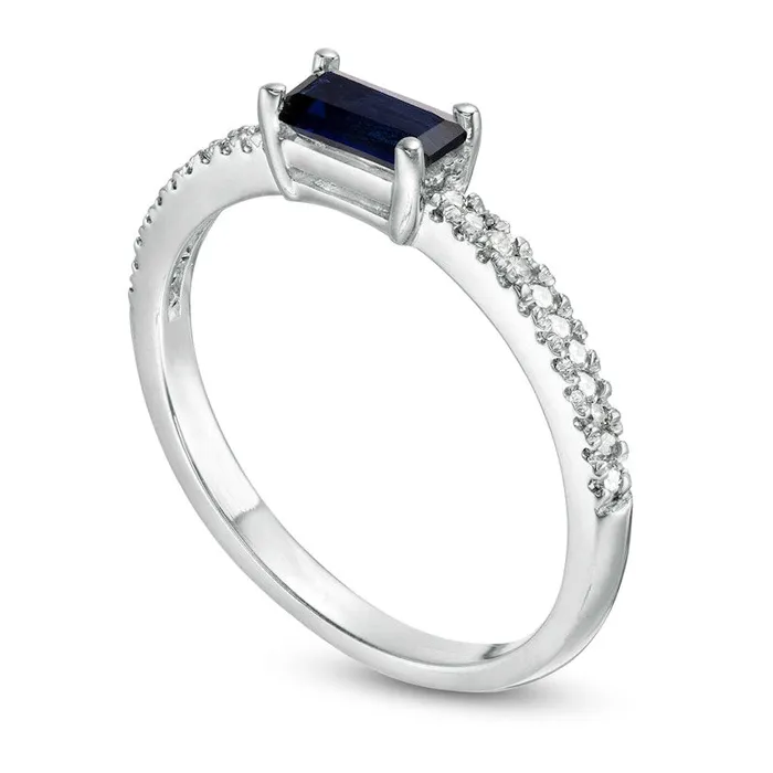 Sideways Baguette LabCreated Blue Sapphire and 010 CT TW Diamond Stackable Ring in Solid 10K White Gold Goldia Rings