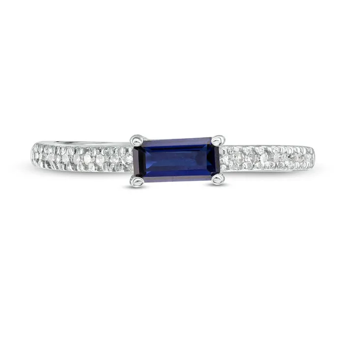 Sideways Baguette LabCreated Blue Sapphire and 010 CT TW Diamond Stackable Ring in Solid 10K White Gold Goldia Rings