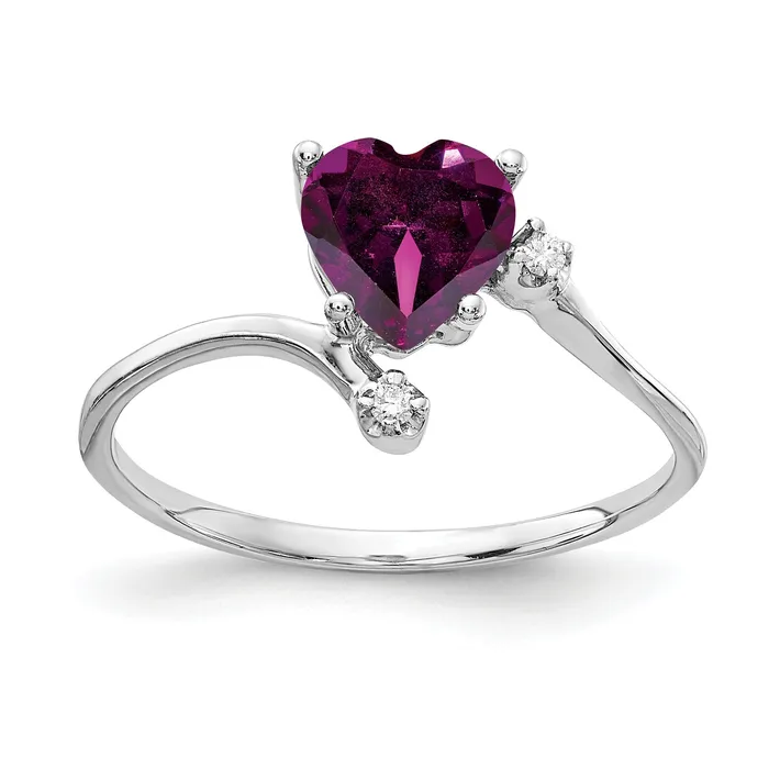 Solid 14k White Gold 6mm Heart Rhodolite Simulated Garnet VS CZ Ring Goldia Rings