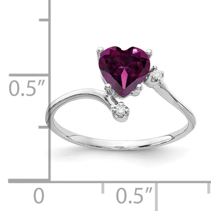 Solid 14k White Gold 6mm Heart Rhodolite Simulated Garnet VS CZ Ring Goldia Rings