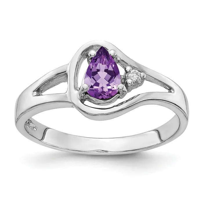 Solid 14k White Gold 6x4mm Pear Simulated Amethyst AAA CZ Ring Goldia Rings
