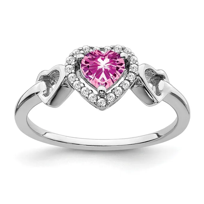 Solid 14k White Gold Created PinK Simulated Sapphire and CZ Heart Ring Goldia Rings