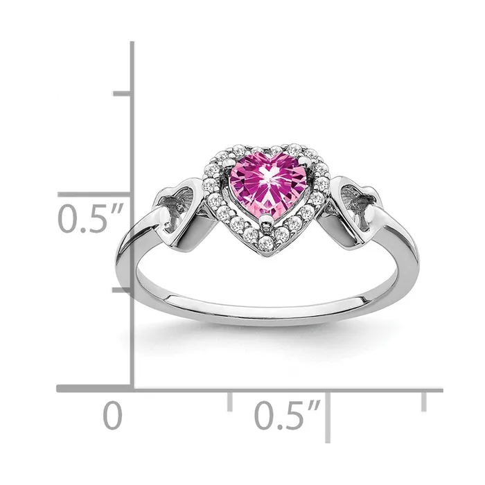Solid 14k White Gold Created PinK Simulated Sapphire and CZ Heart Ring Goldia Rings
