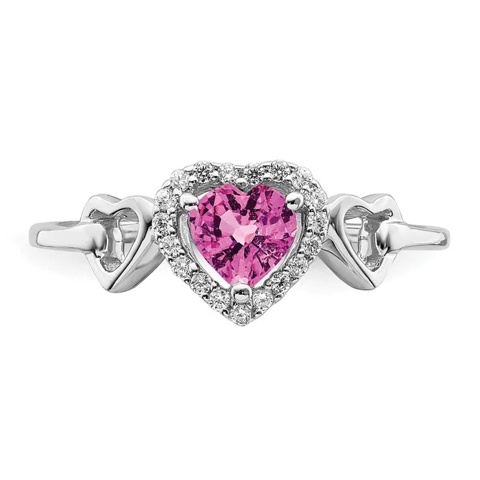 Solid 14k White Gold Created PinK Simulated Sapphire and CZ Heart Ring Goldia Rings