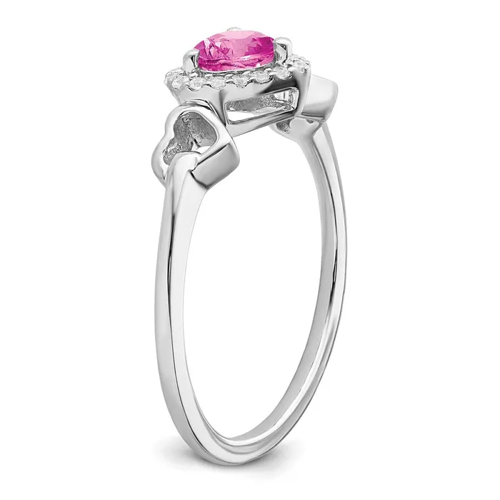 Solid 14k White Gold Created PinK Simulated Sapphire and CZ Heart Ring Goldia Rings
