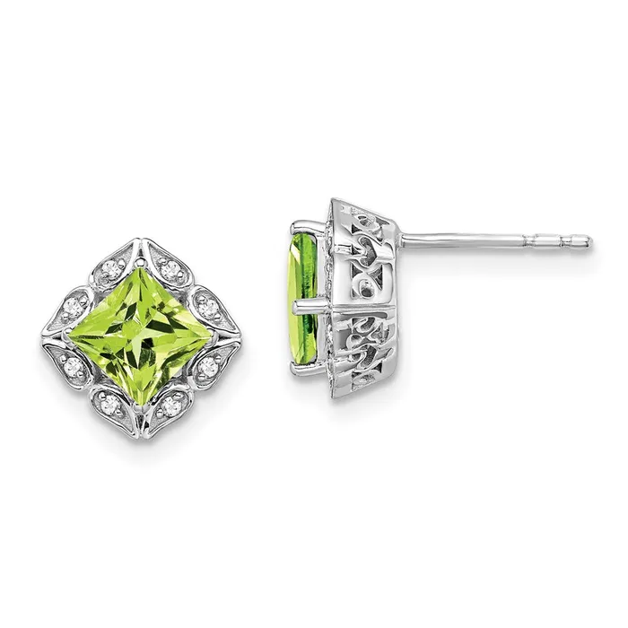 Solid 14k White Gold Square Simulated Peridot and CZ Earrings Goldia Earrings