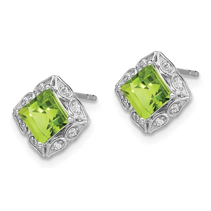 Solid 14k White Gold Square Simulated Peridot and CZ Earrings Goldia Earrings