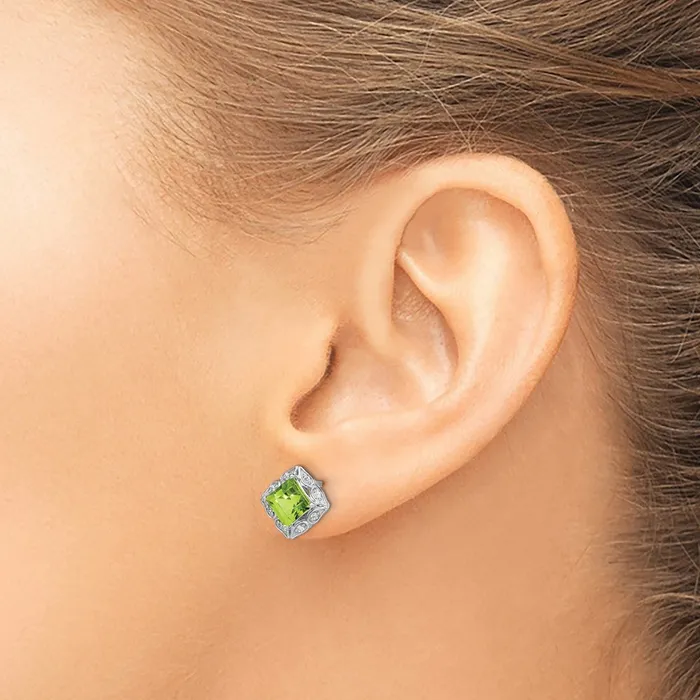 Solid 14k White Gold Square Simulated Peridot and CZ Earrings Goldia Earrings