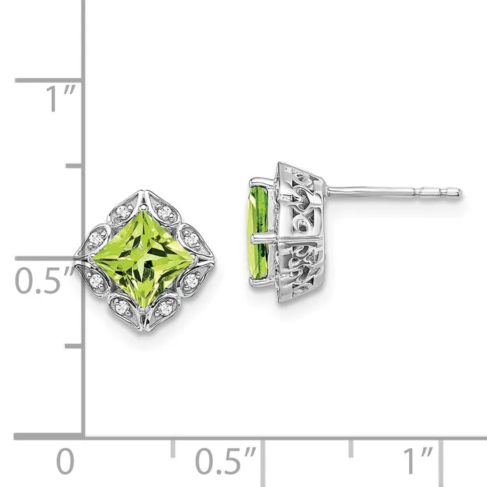Solid 14k White Gold Square Simulated Peridot and CZ Earrings Goldia Earrings