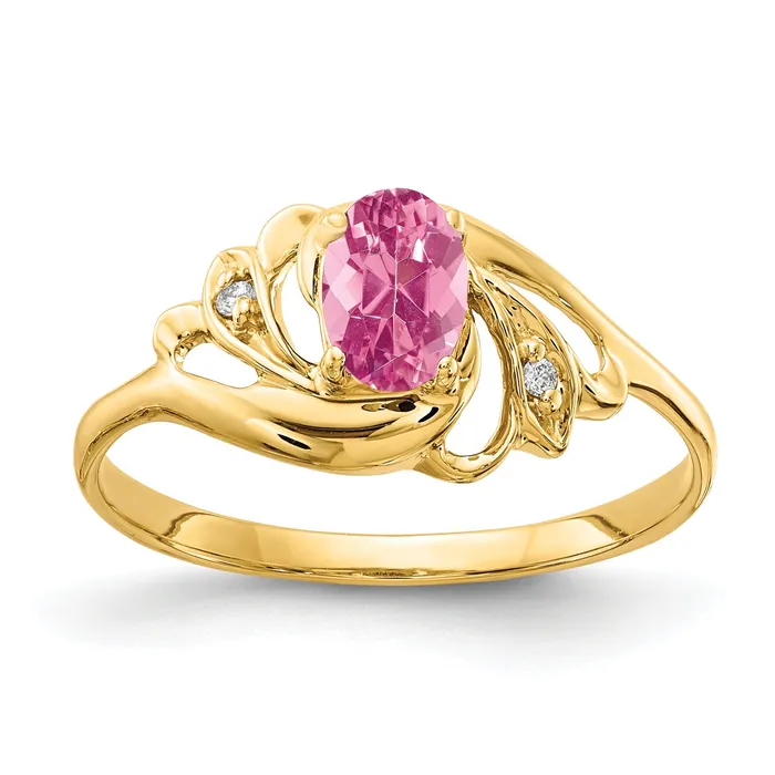 Solid 14k Yellow Gold 6x4mm Oval Simulated Pink Tourmaline AAA CZ Ring Goldia Rings