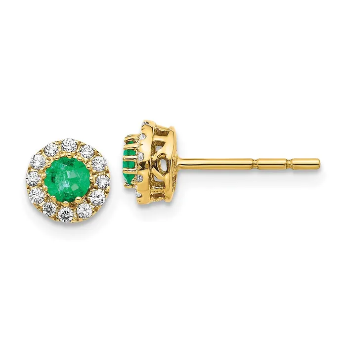 Solid 14k Yellow Gold Simulated CZ and Emerald Halo Post Earrings Goldia Earrings