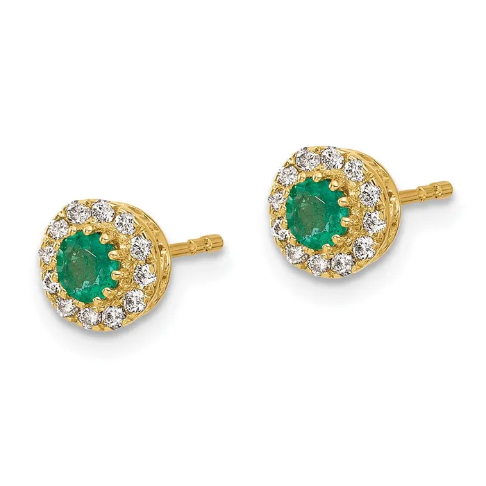 Solid 14k Yellow Gold Simulated CZ and Emerald Halo Post Earrings Goldia Earrings