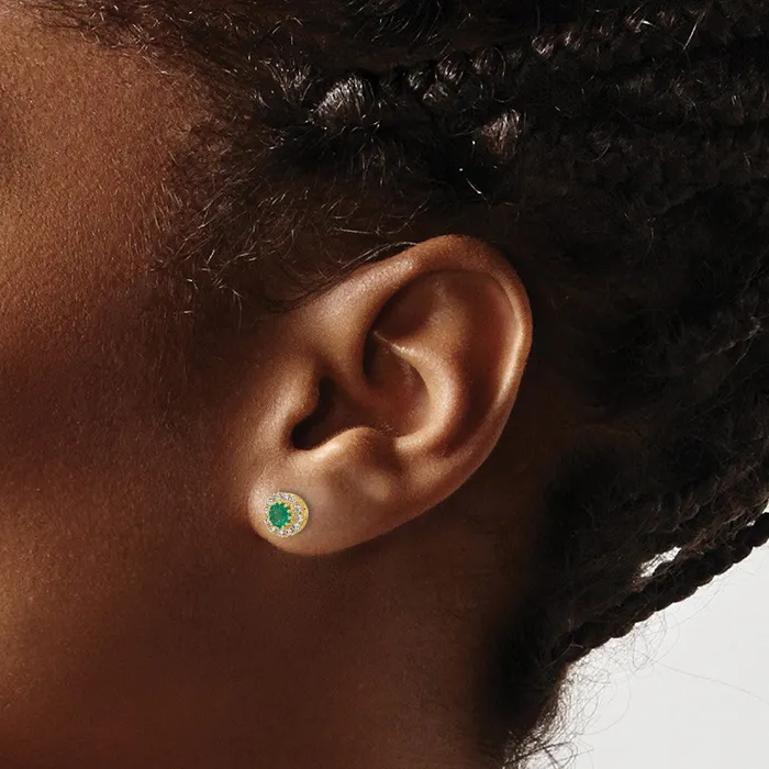 Solid 14k Yellow Gold Simulated CZ and Emerald Halo Post Earrings Goldia Earrings