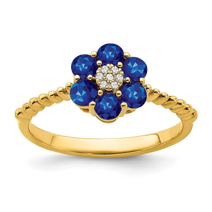 Solid 14k Yellow Gold Simulated Sapphire and CZ Floral Ring Goldia Rings